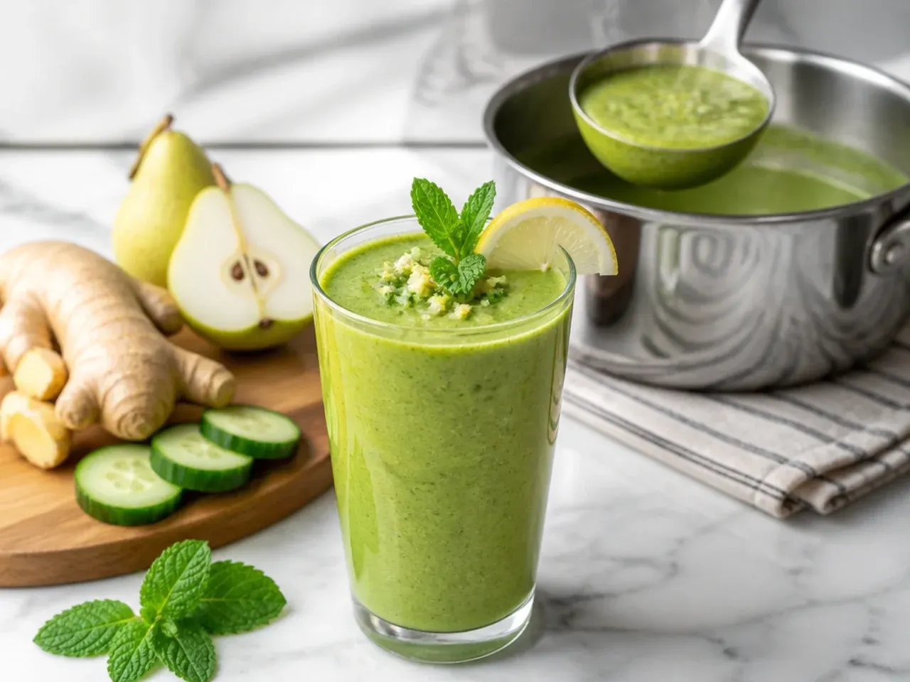 Warm-toned pear and ginger green smoothie with a cinnamon dusting on top