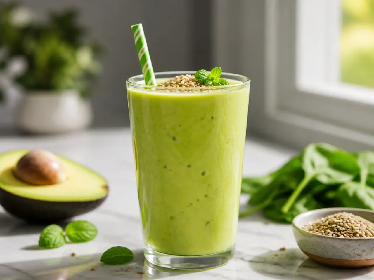 Thick creamy avocado green smoothie in a glass with half an avocado beside it