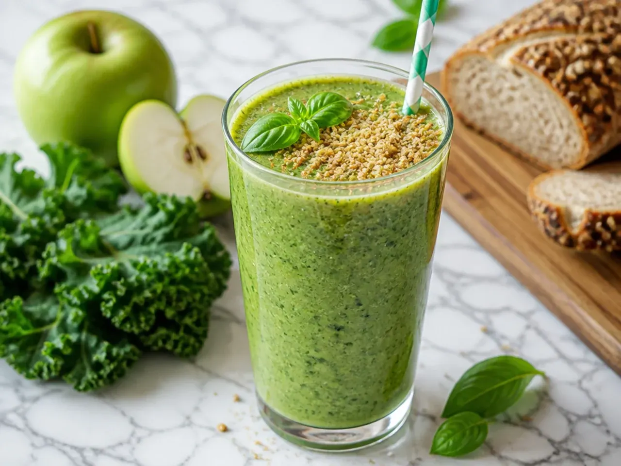Kale and apple green smoothie with a slice of apple and kale leaf as garnish