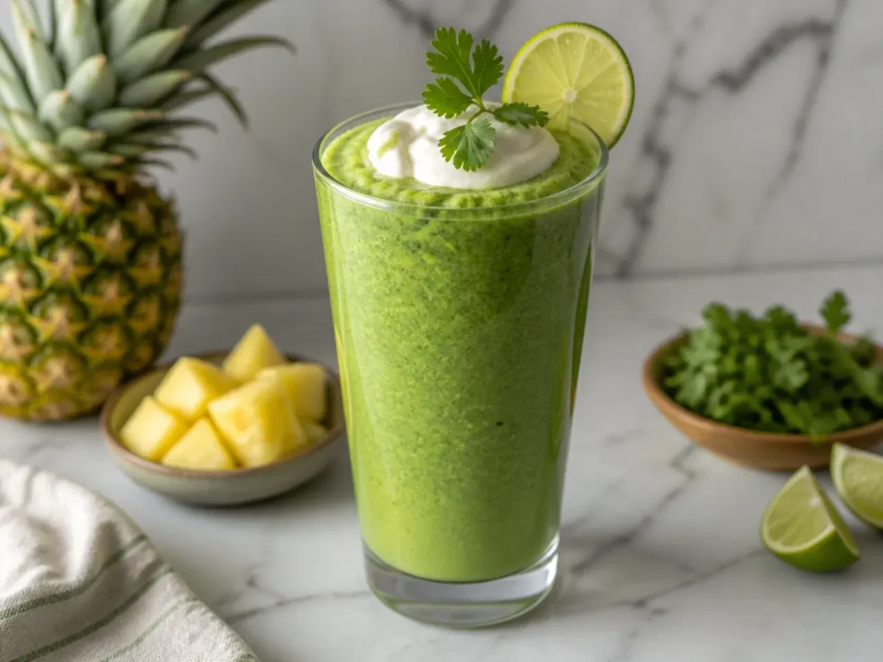 Zesty pineapple and lime green smoothie with a lime wheel on the rim of the glass