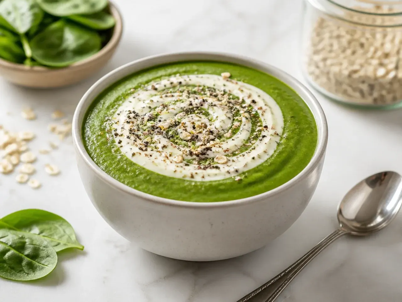 Thick oat and spinach smoothie bowl topped with granola and banana slices