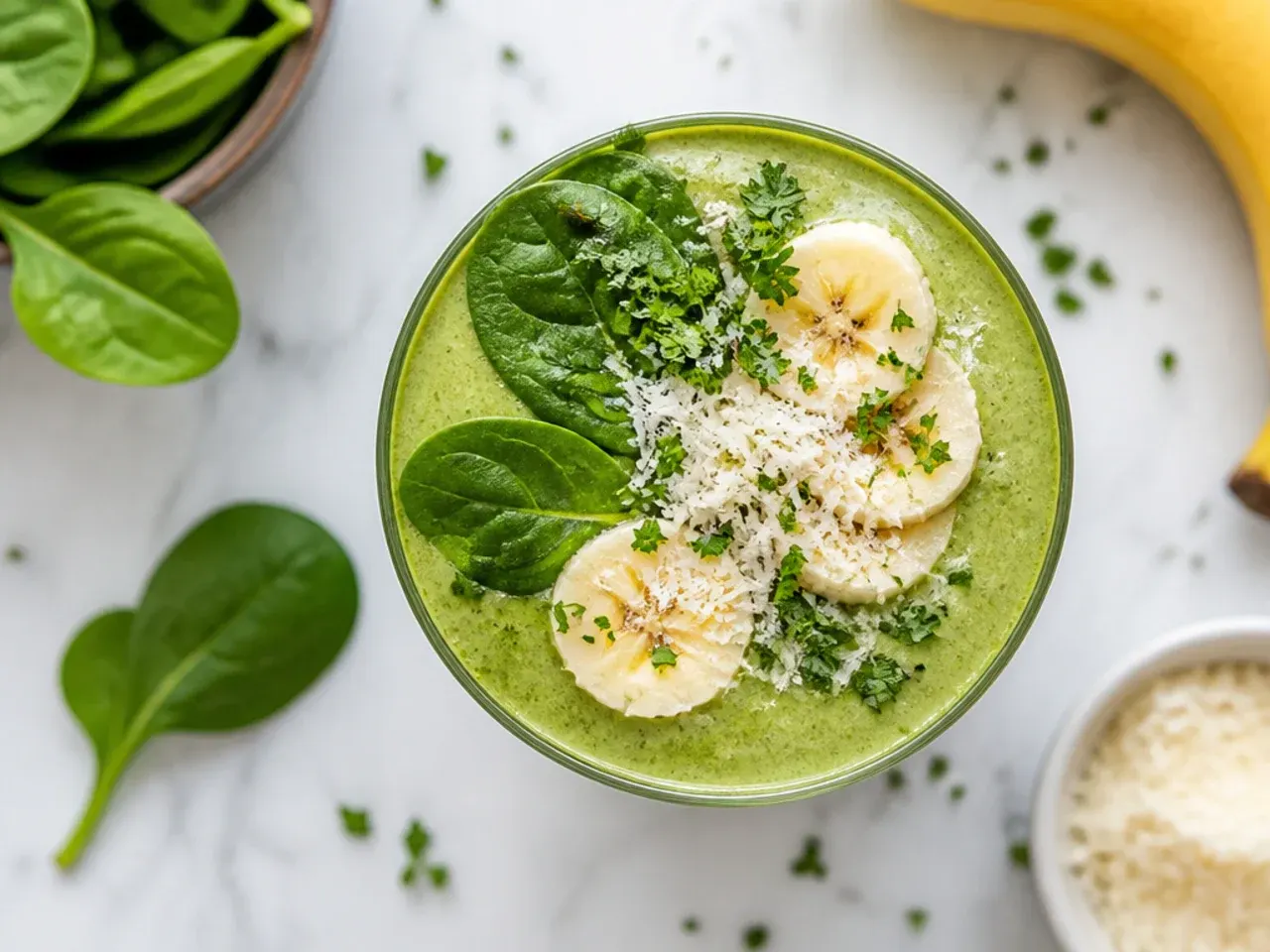 Budget-friendly green smoothie ingredients including a bag of frozen bananas and spinach