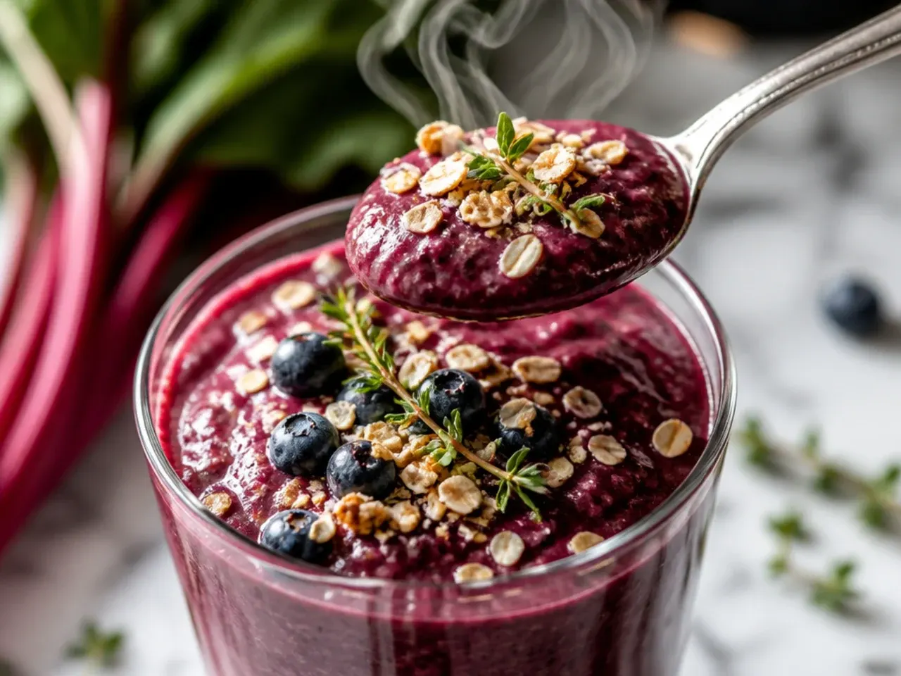 Deep purplish-green smoothie made with beet greens and mixed berries in a glass