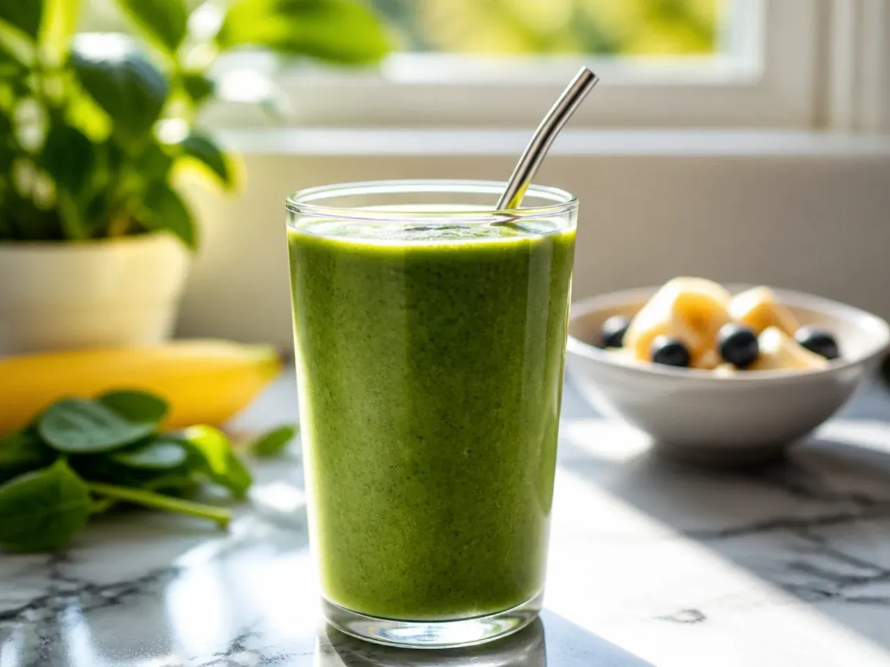 Kid-friendly green smoothie in a fun cup with a reusable straw