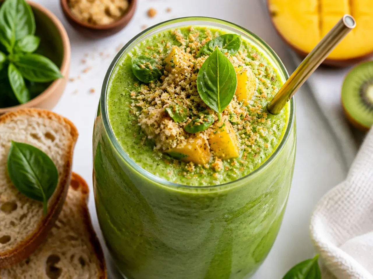 Tropical mango, pineapple, and coconut green smoothie garnished with a pineapple wedge