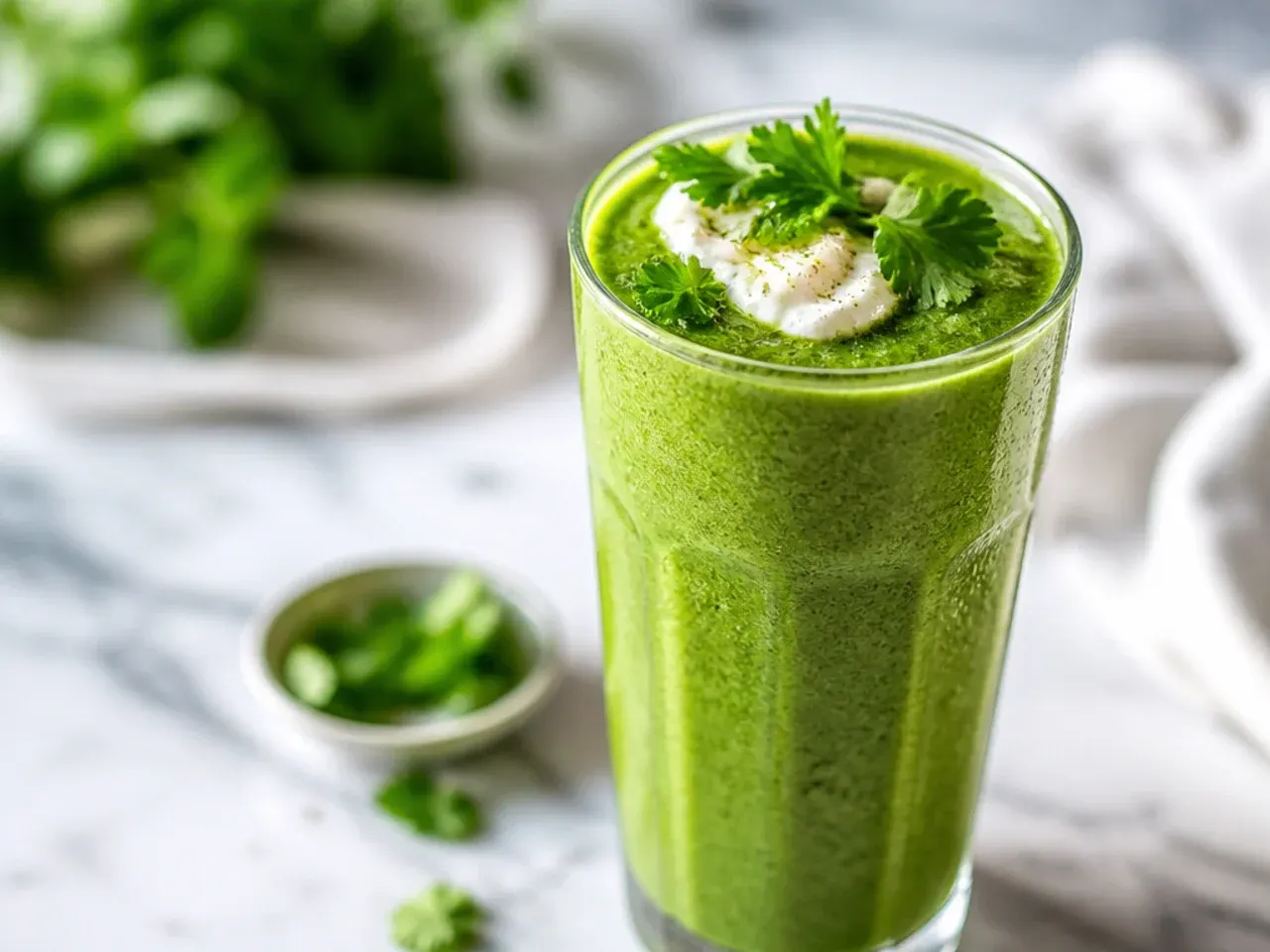 Personal blender cup filled with green smoothie ingredients ready to blend