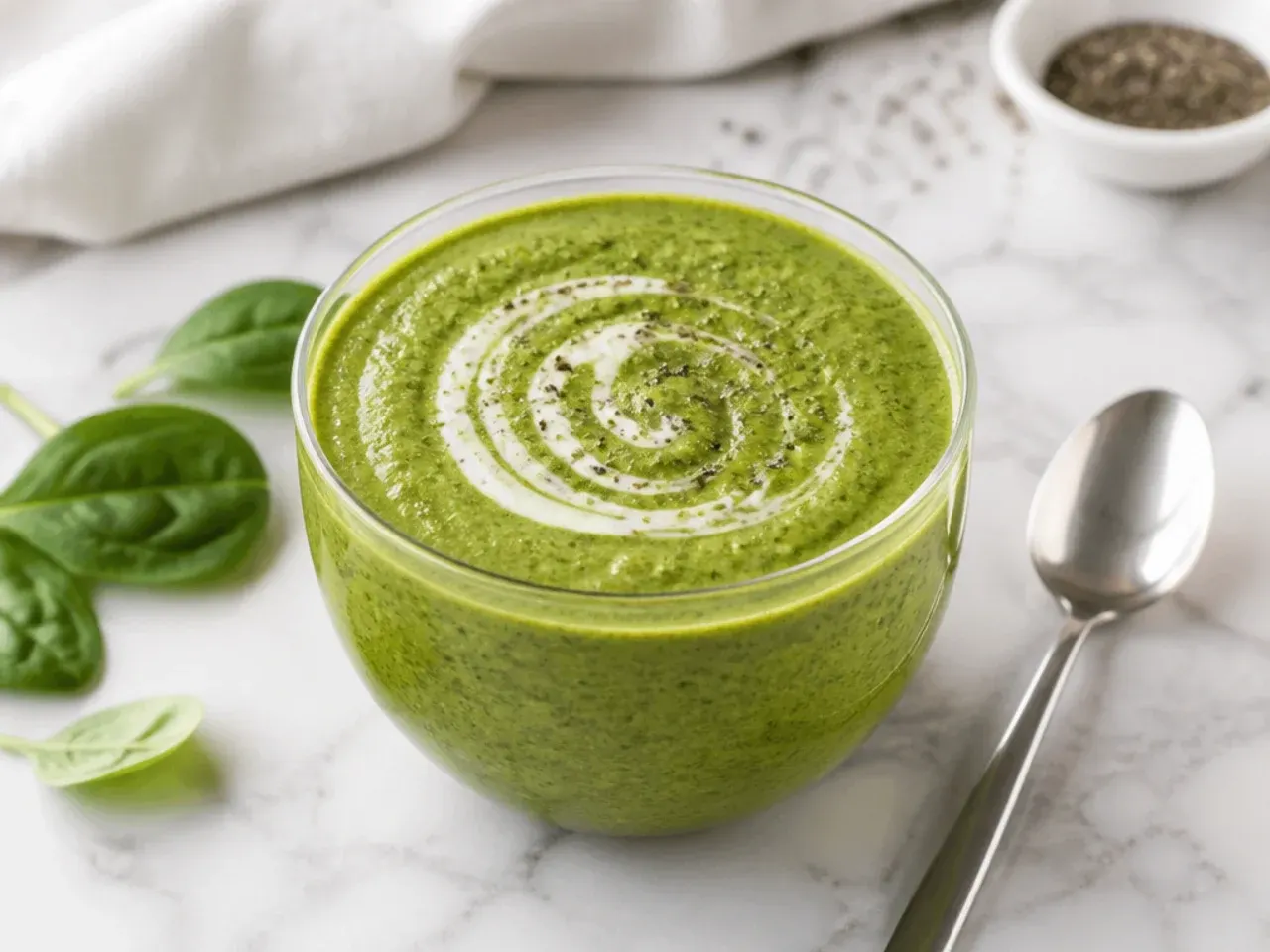 Protein-packed green smoothie with a scoop of protein powder and shaker beside it