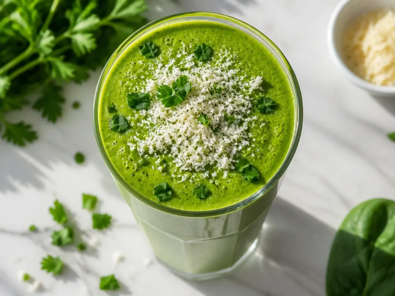 Dairy-free green smoothie made with oat milk in a glass bottle