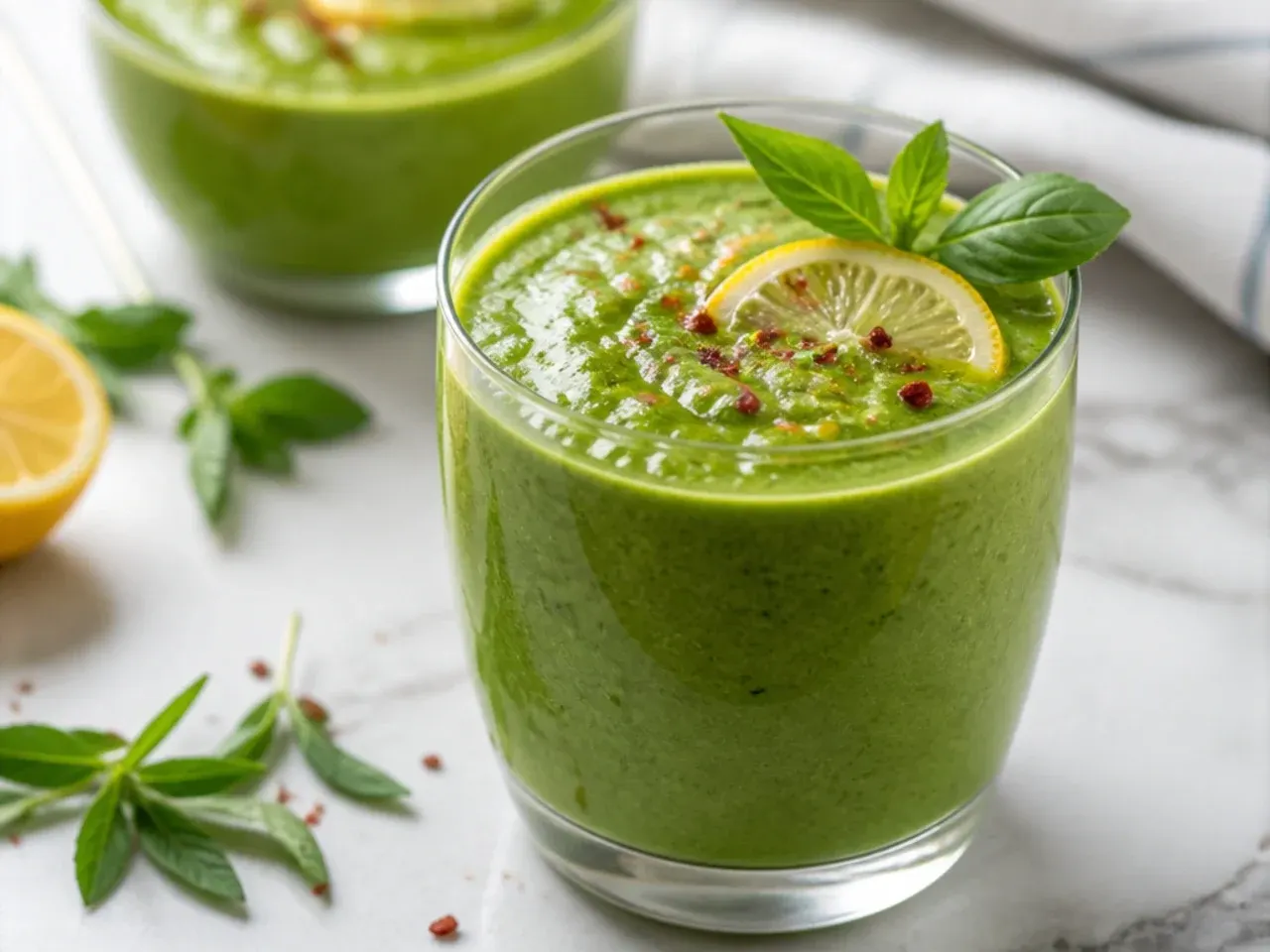 Herb and citrus green smoothie garnished with fresh basil leaves and lemon zest