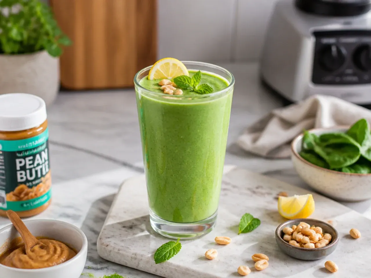 Creamy peanut butter green smoothie drizzled with extra peanut butter on top