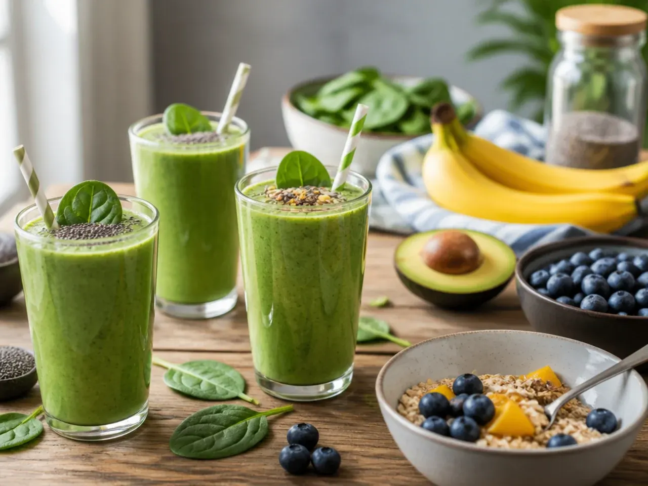 Green smoothie bowl topped with granola, banana slices, and chia seeds
