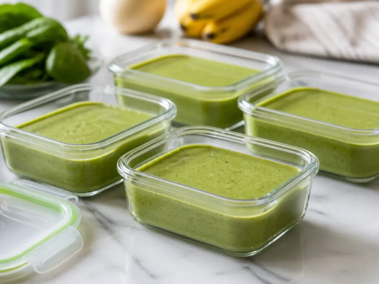 Mason jars of green smoothie sealed and stored in the fridge for meal prep