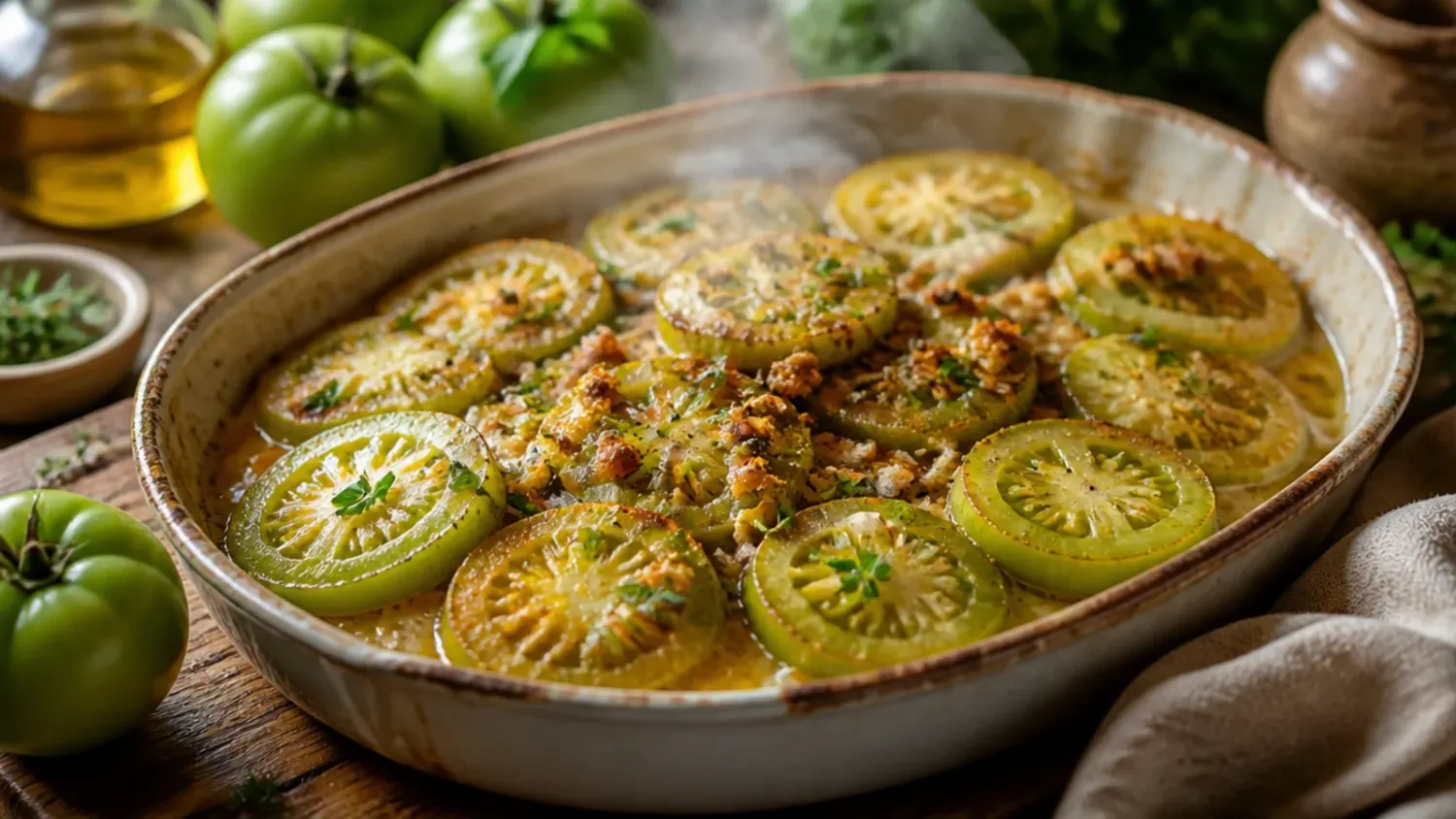 Golden-brown fried green tomato slices stacked on a plate with a bowl of remoulade dipping sauce