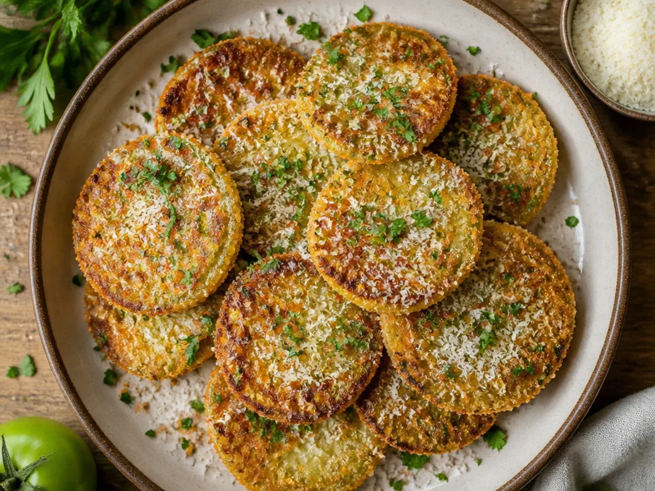 Crispy classic Southern fried green tomato slices in a cast iron skillet