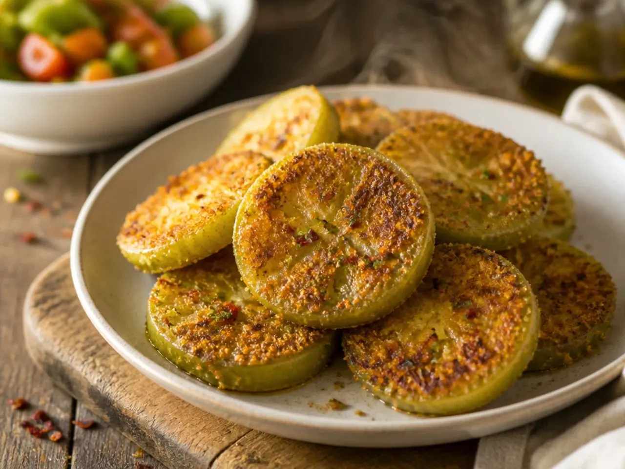 Breaded green tomato slices arranged in an air fryer basket