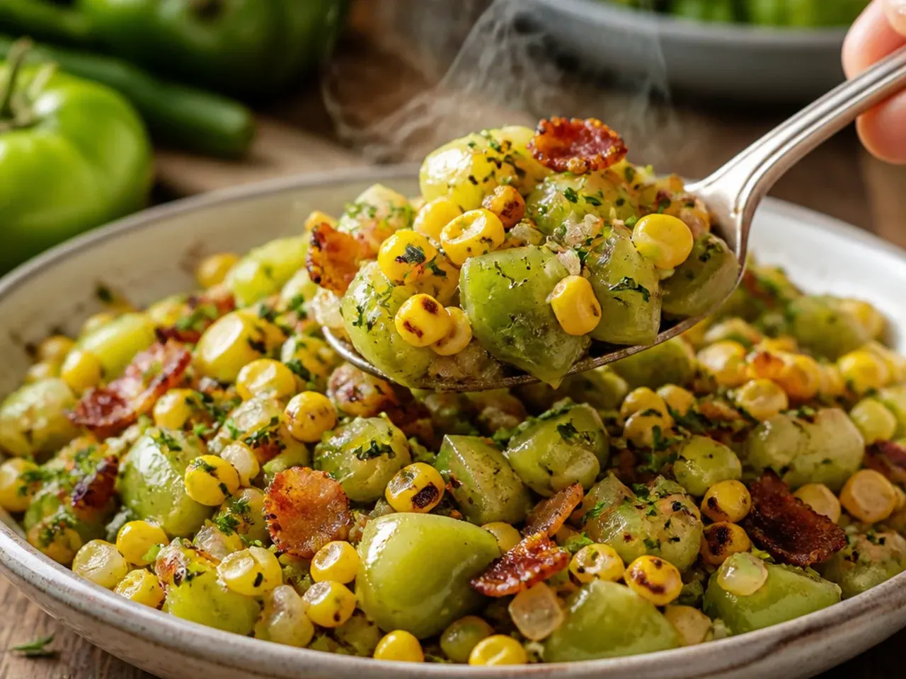 Bowl of fresh green tomato and corn salsa with lime wedges and coriander