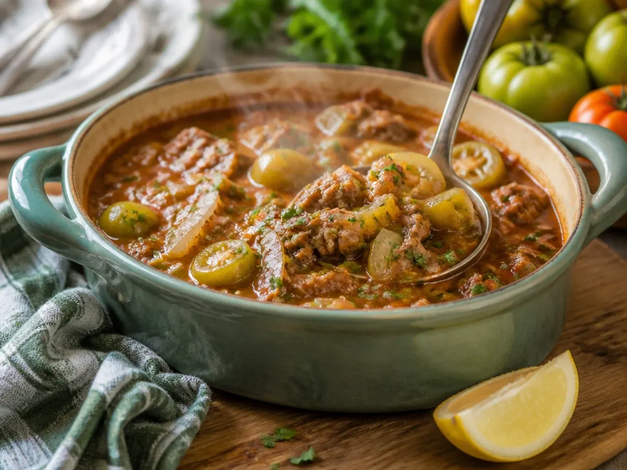 Bubbling green tomato and beef casserole in a Dutch oven