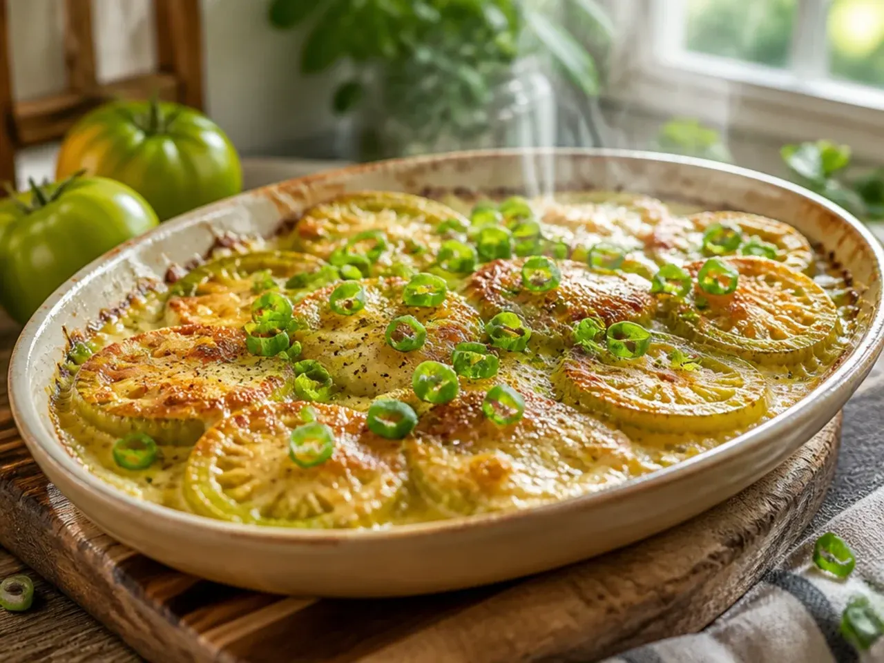 Golden baked creamy green tomato gratin in a ceramic dish