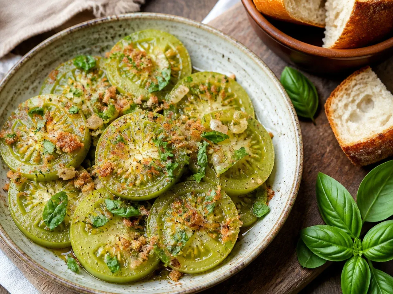 Skillet of sautéed green tomato wedges with garlic and fresh herbs