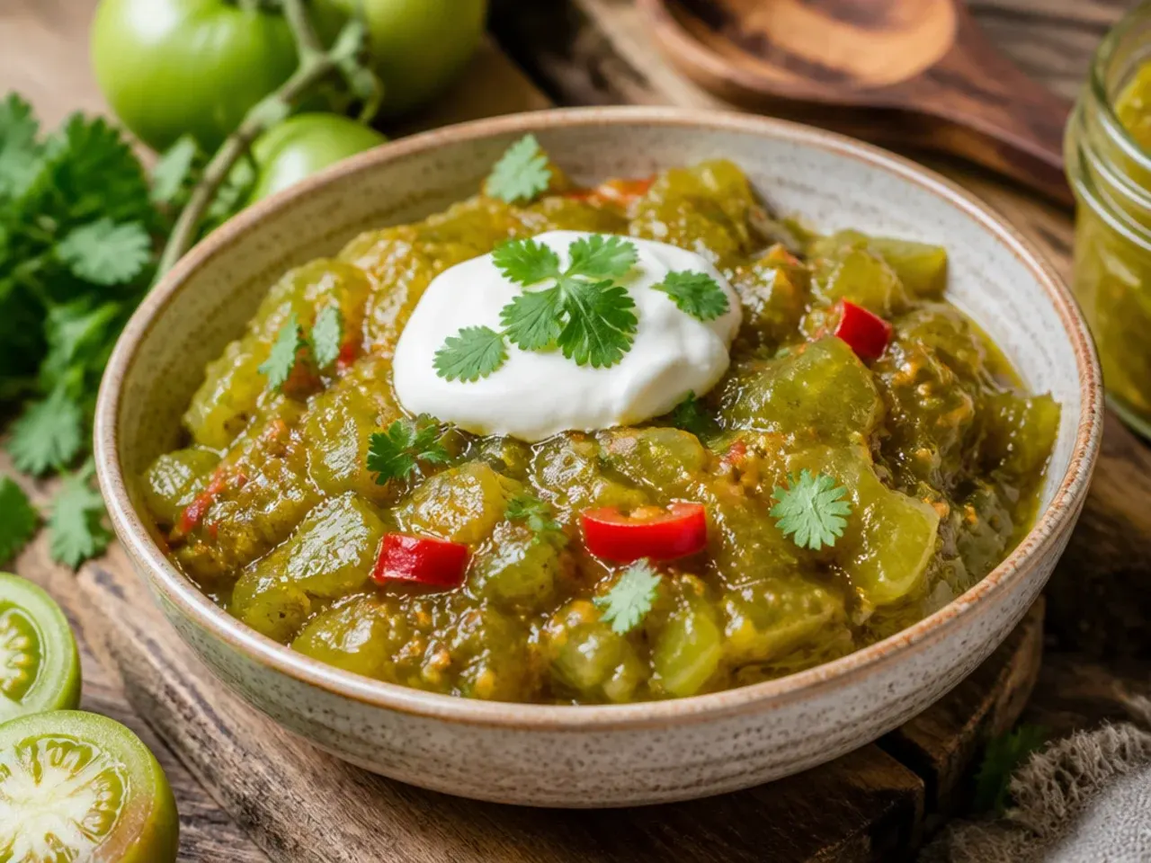 Jars of zesty green tomato chow-chow relish with cabbage and peppers