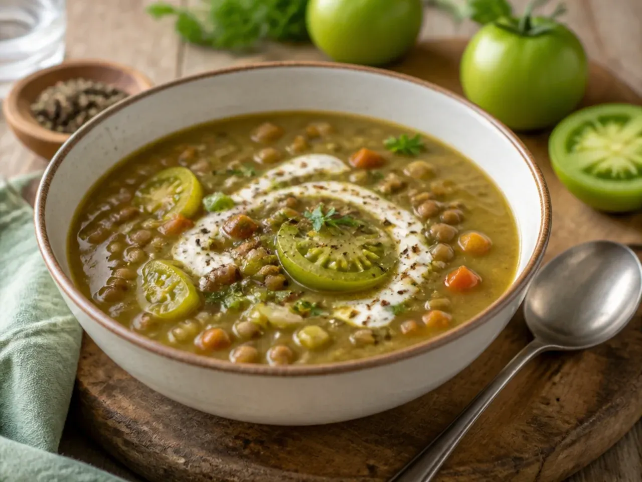 Bowl of wholesome green tomato and lentil soup with a swirl of yoghurt