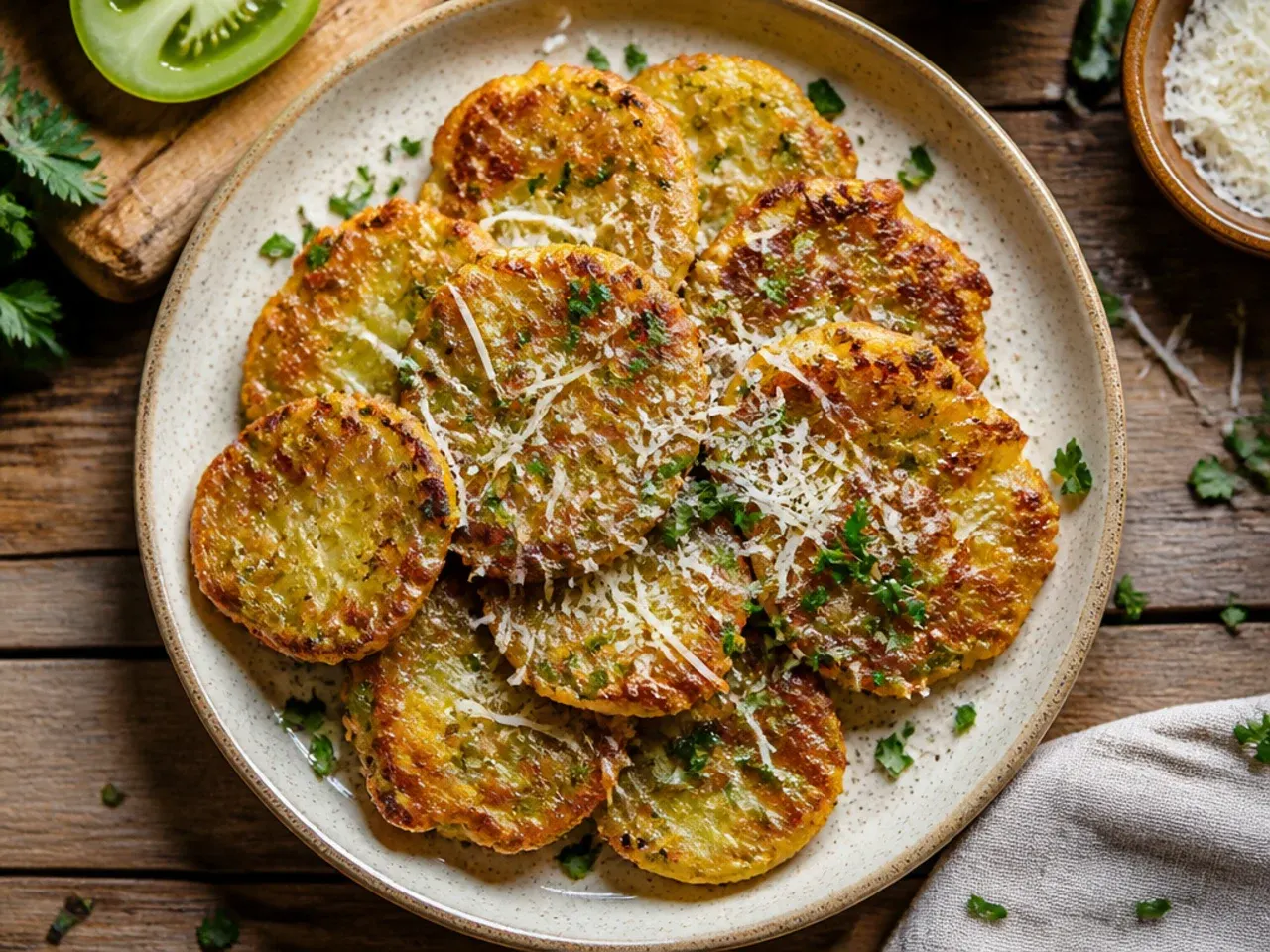 Stack of golden green tomato and onion fritters with soured cream