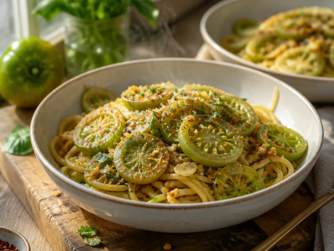 Bowl of pasta tossed with green tomatoes and toasted garlic breadcrumbs