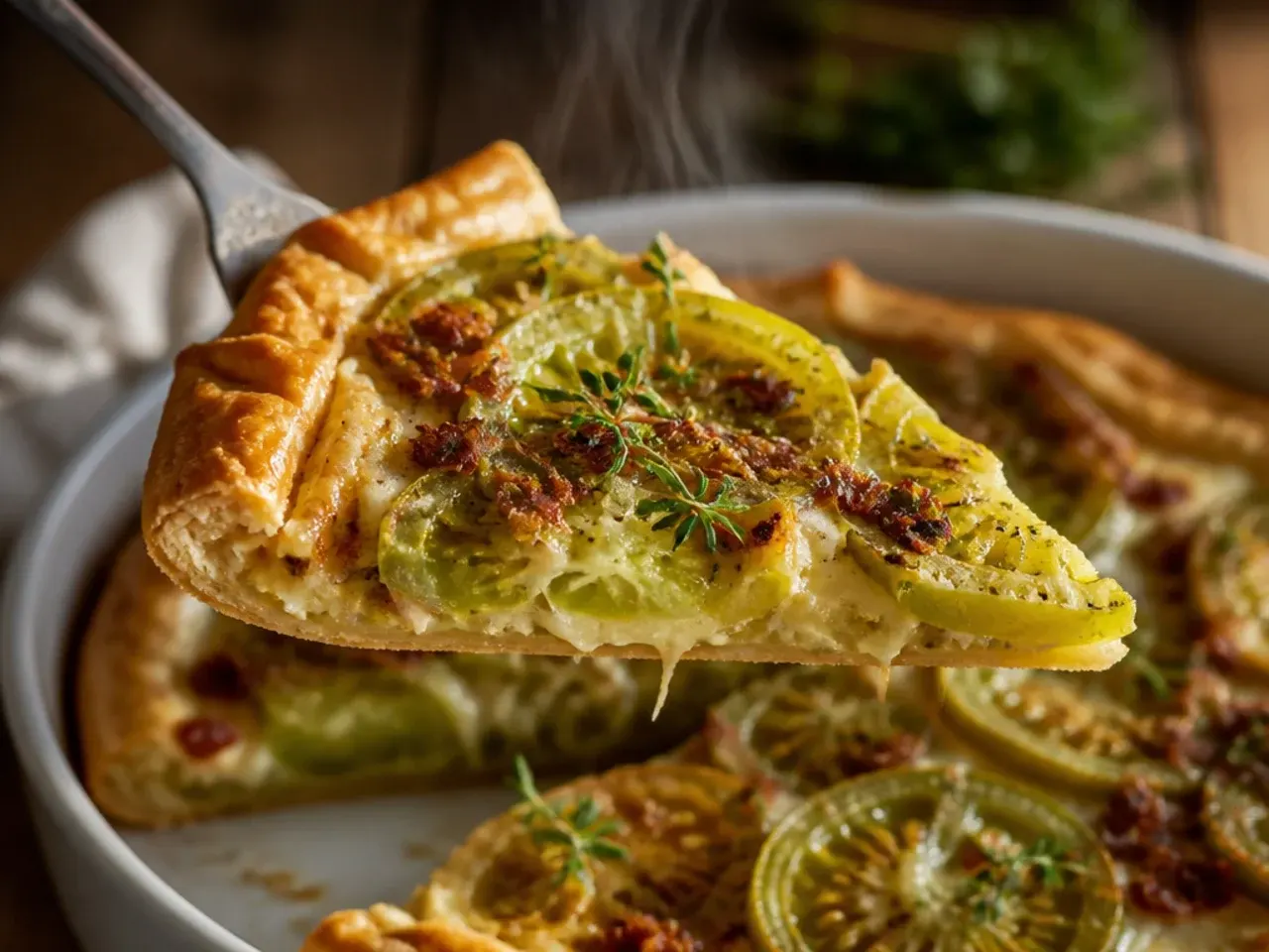 Rustic open-faced green tomato galette fresh out of the oven
