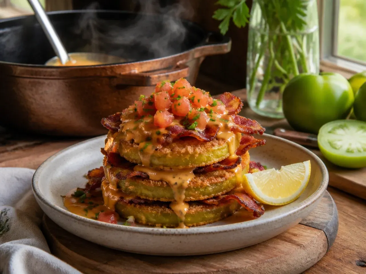 Loaded fried green tomato stack layered with bacon and pimento cheese