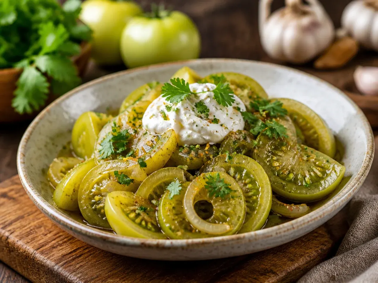 Jar of quick refrigerator-pickled green tomatoes with garlic and dill