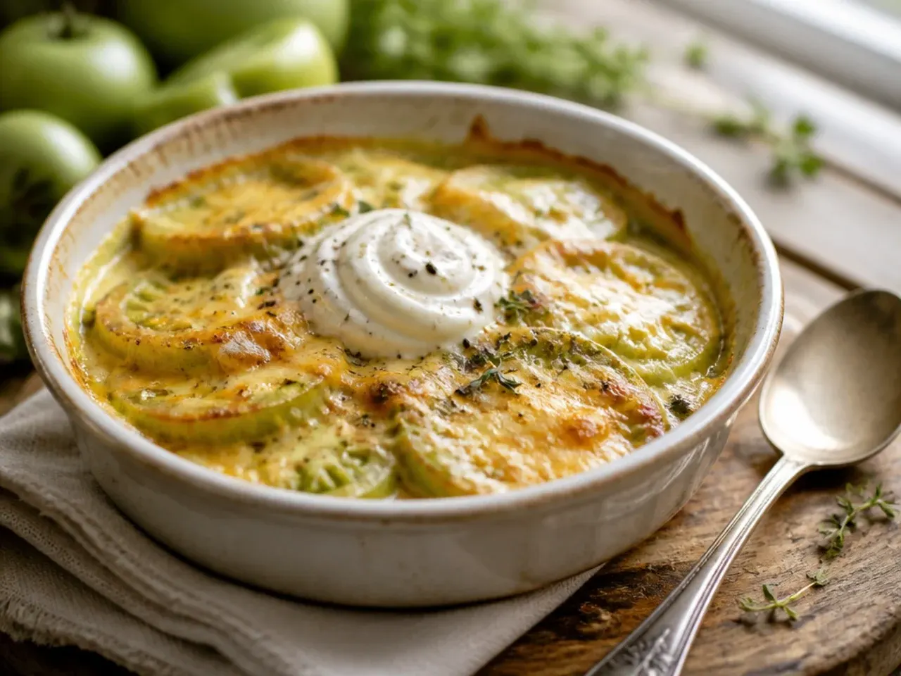 Bubbling green tomato and cheddar bake in a baking dish
