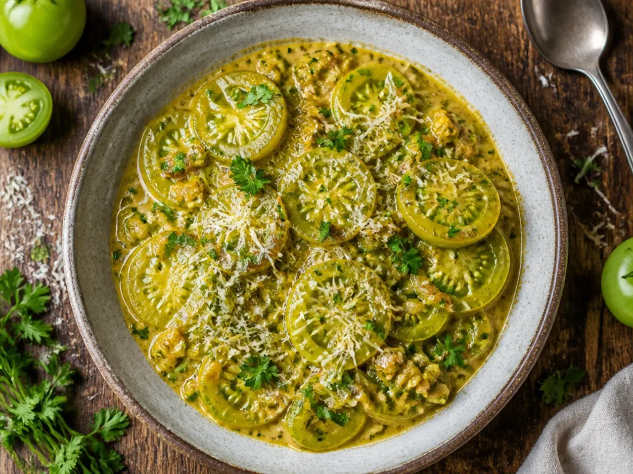 Pot of easy green tomato curry with rice and fresh coriander