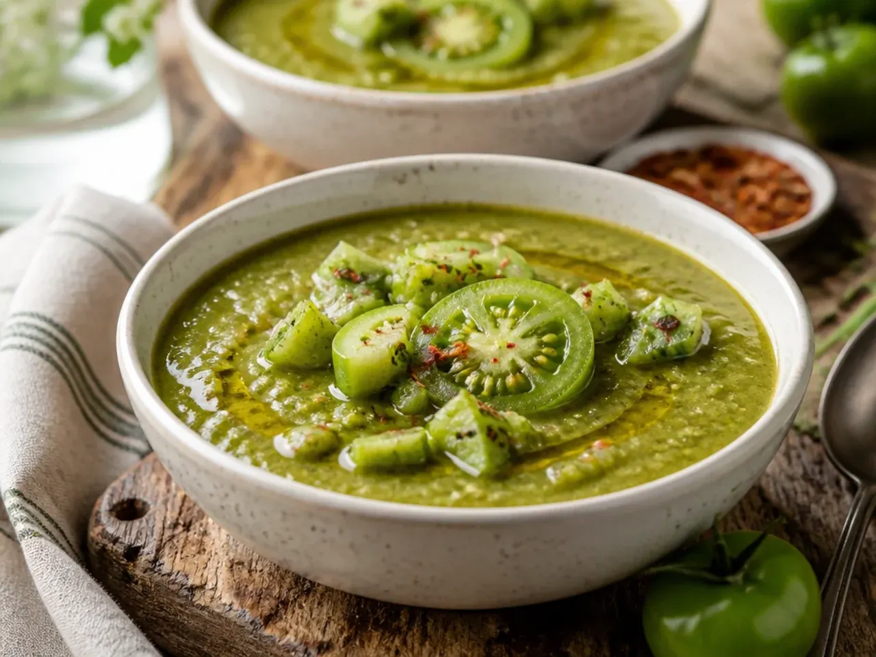 Chilled glass of fresh green tomato gazpacho garnished with diced cucumber