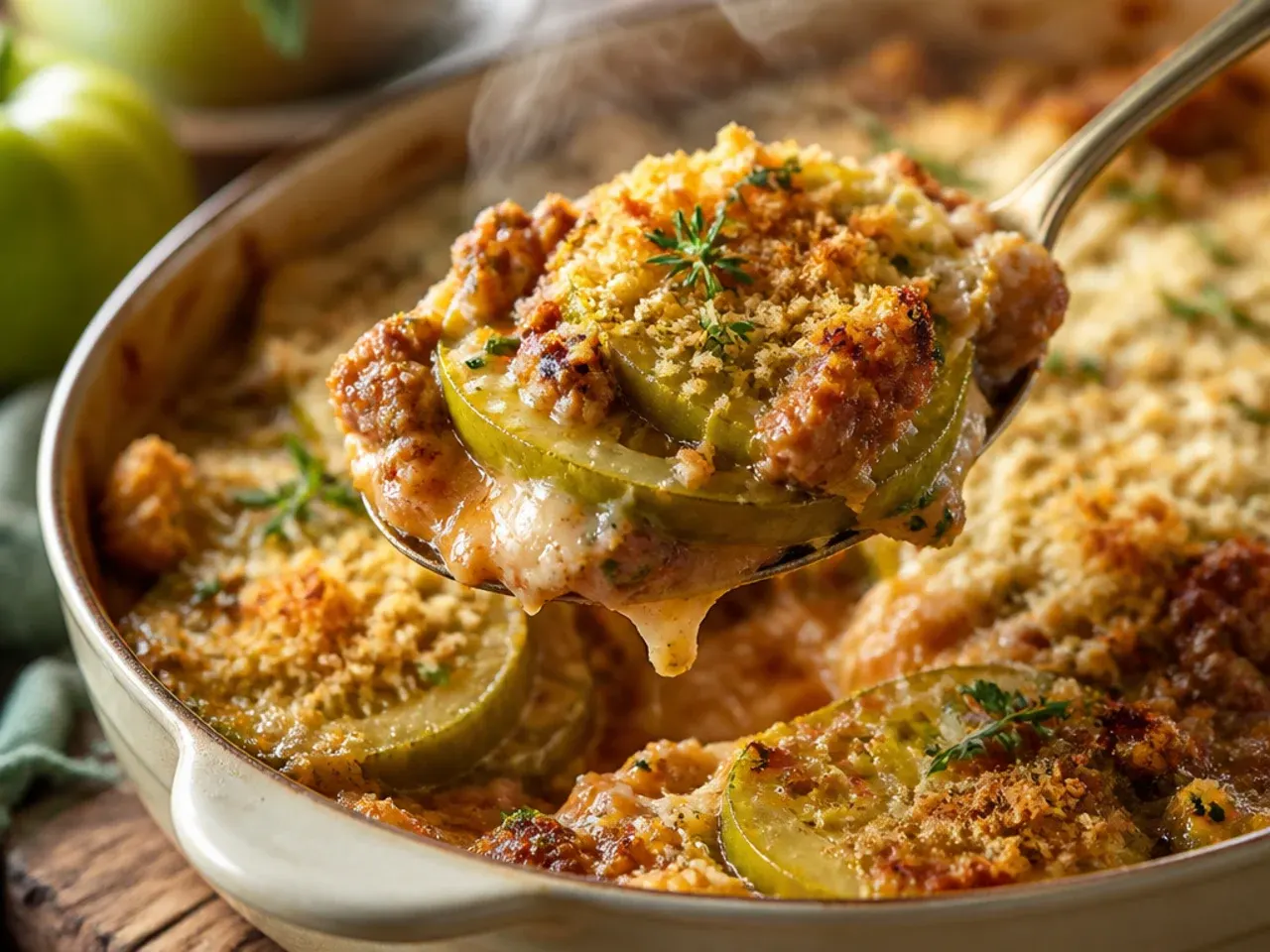One-pan skillet of green tomatoes, sausage and peppers