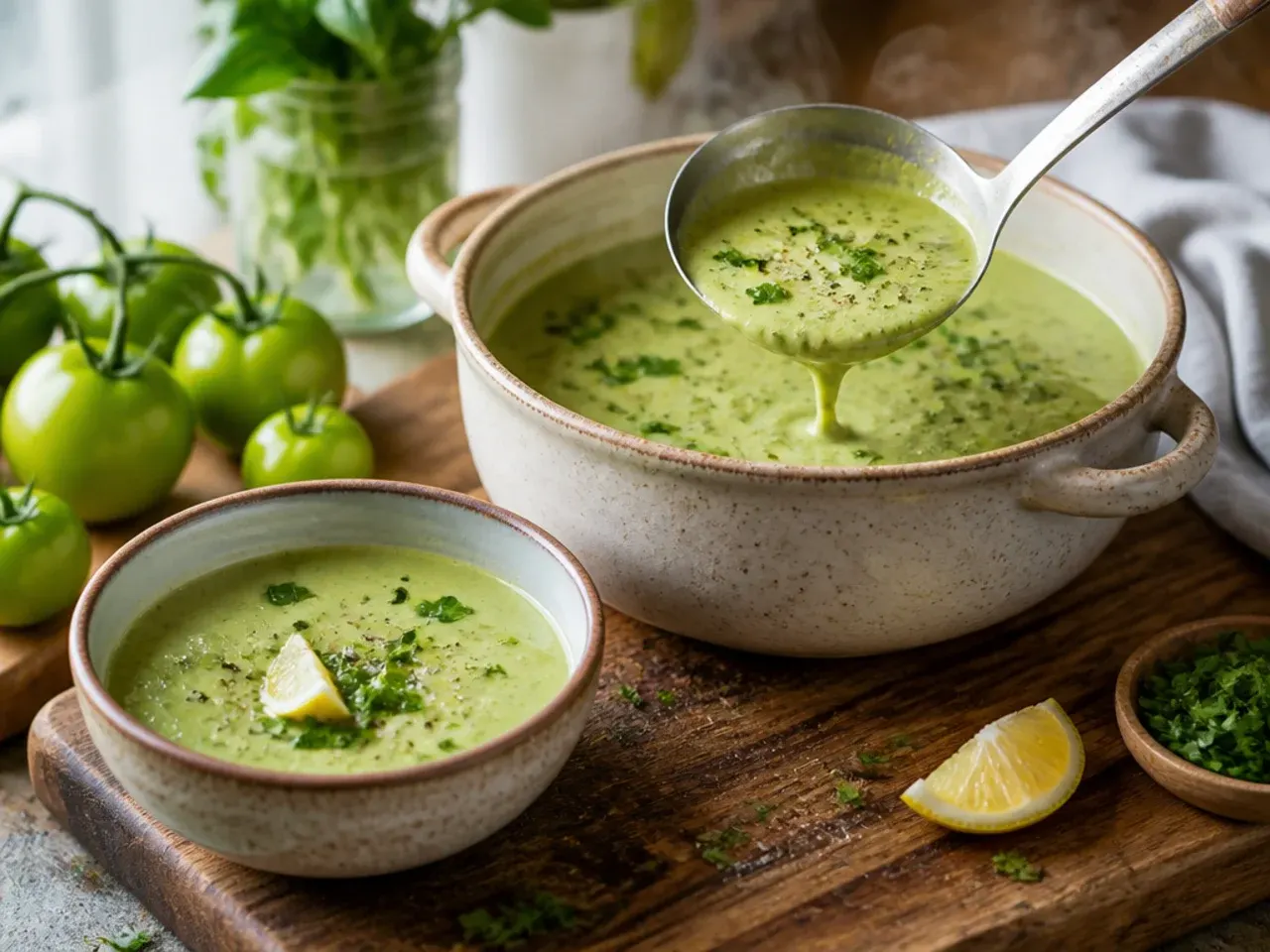 Bowl of creamy green tomato and coconut milk soup with fresh basil