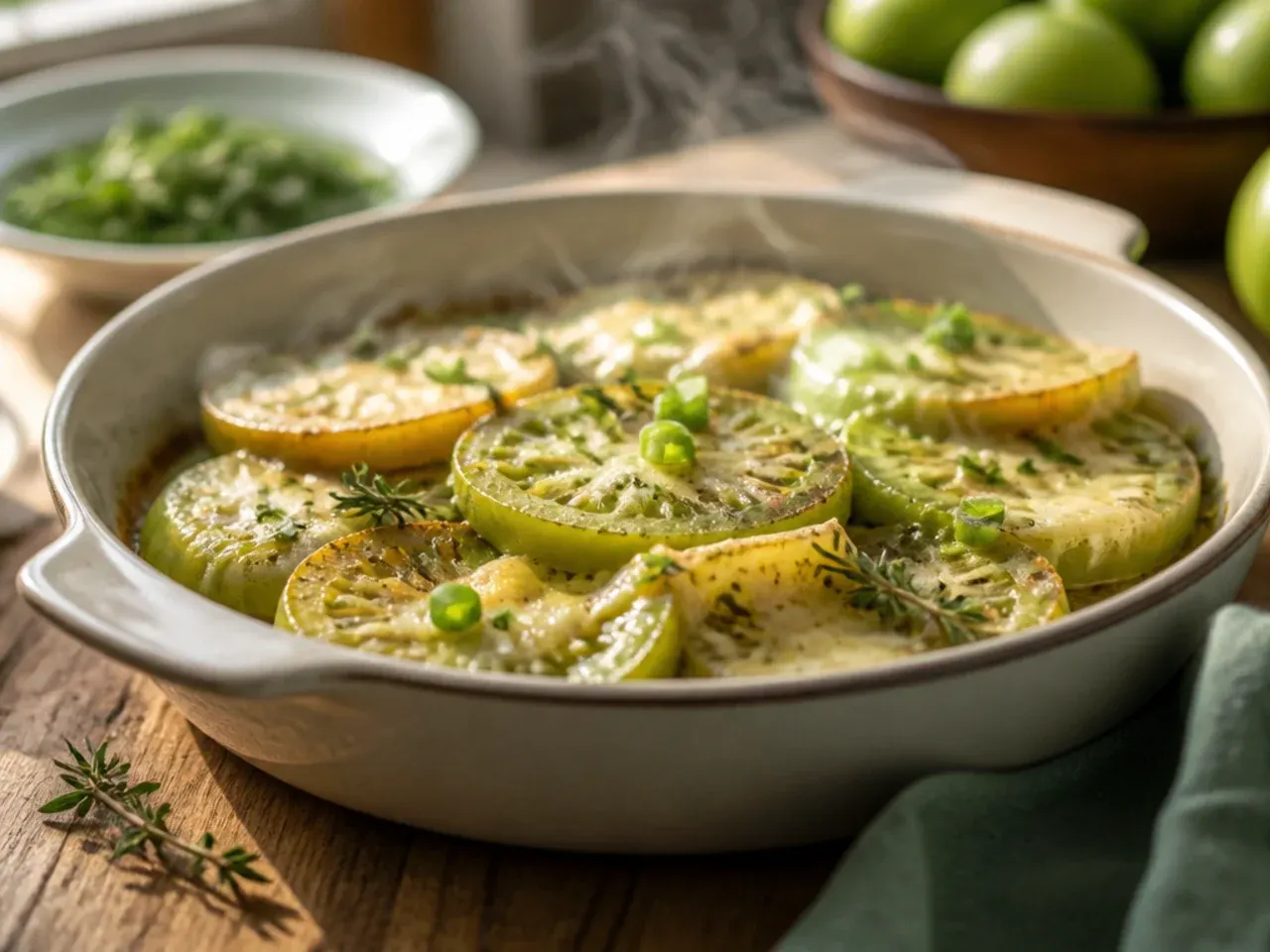 Tray of roasted green tomatoes with garlic cloves and fresh thyme