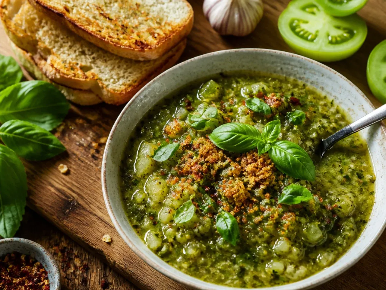 Bowl of zesty charred green tomato salsa verde with tortilla chips