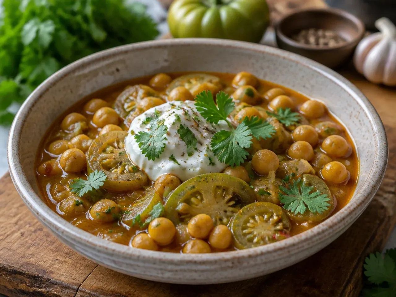 Pot of wholesome green tomato and chickpea stew with spinach