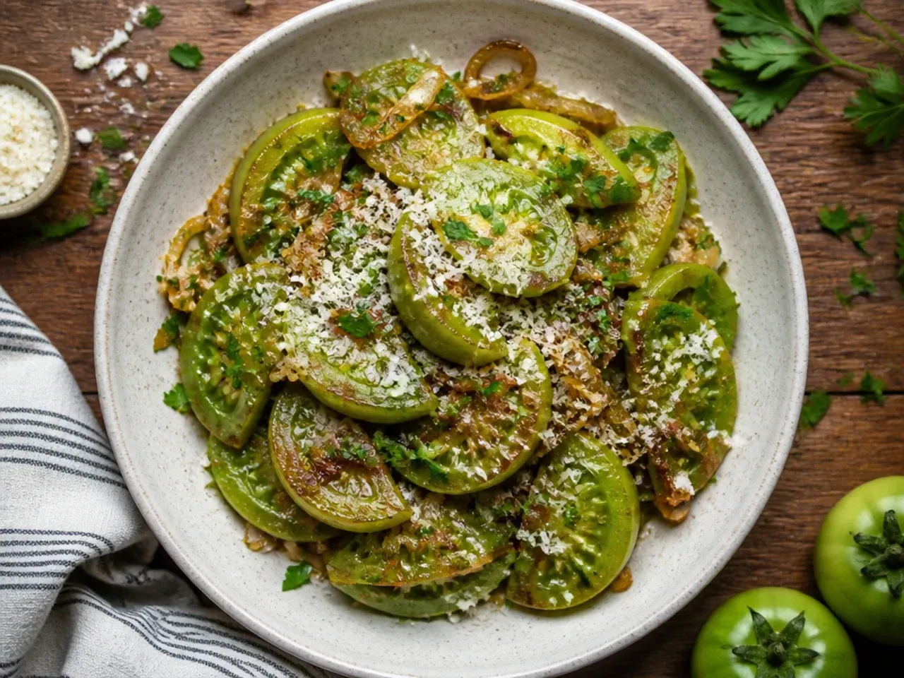 Wok of green tomato stir-fry with ginger, spring onion and sesame seeds