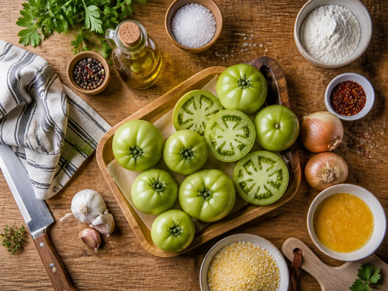 Hand salting sliced green tomatoes on a wire rack before cooking