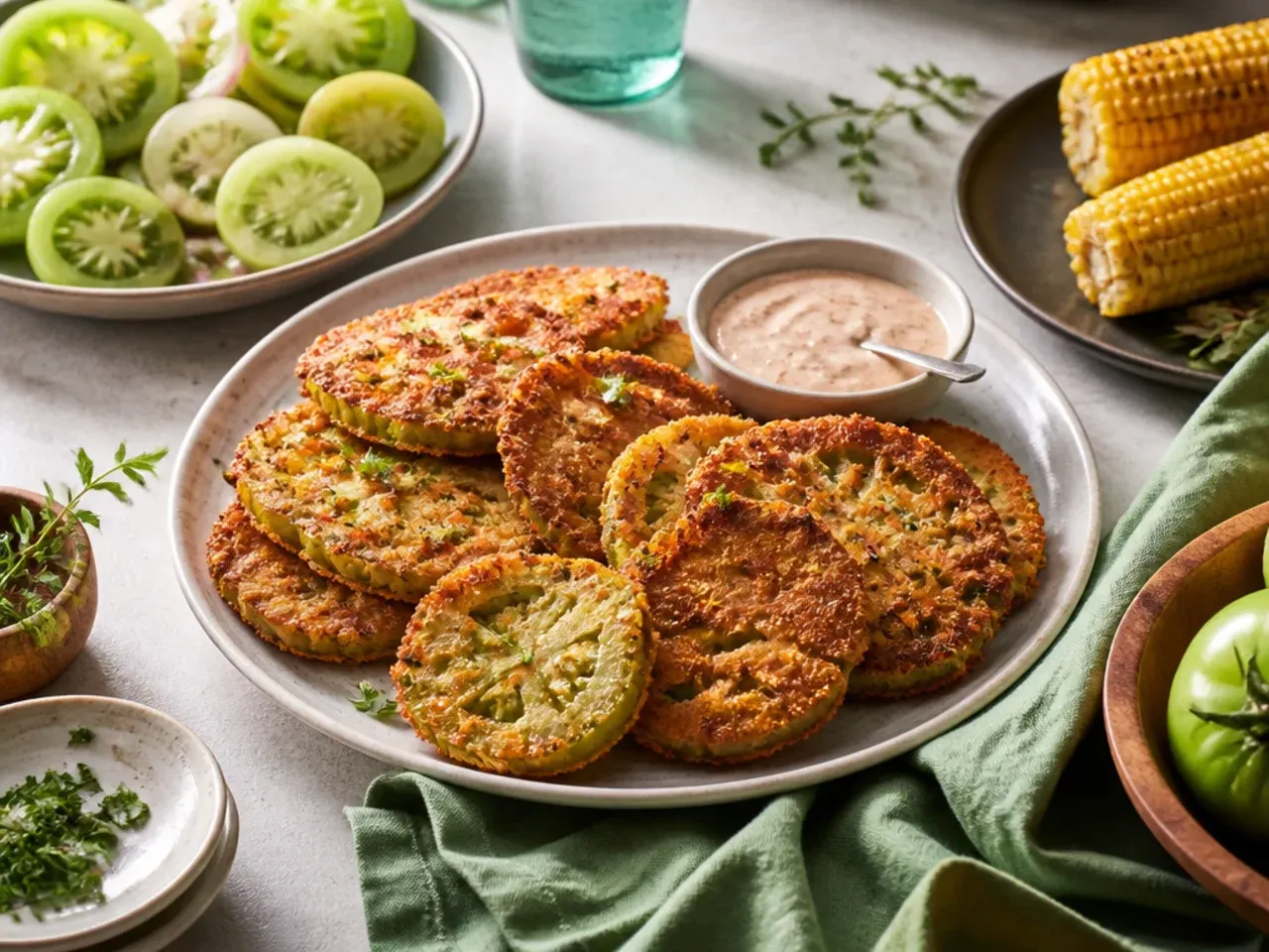 Table spread of green tomato dishes including relish, soup and fried slices