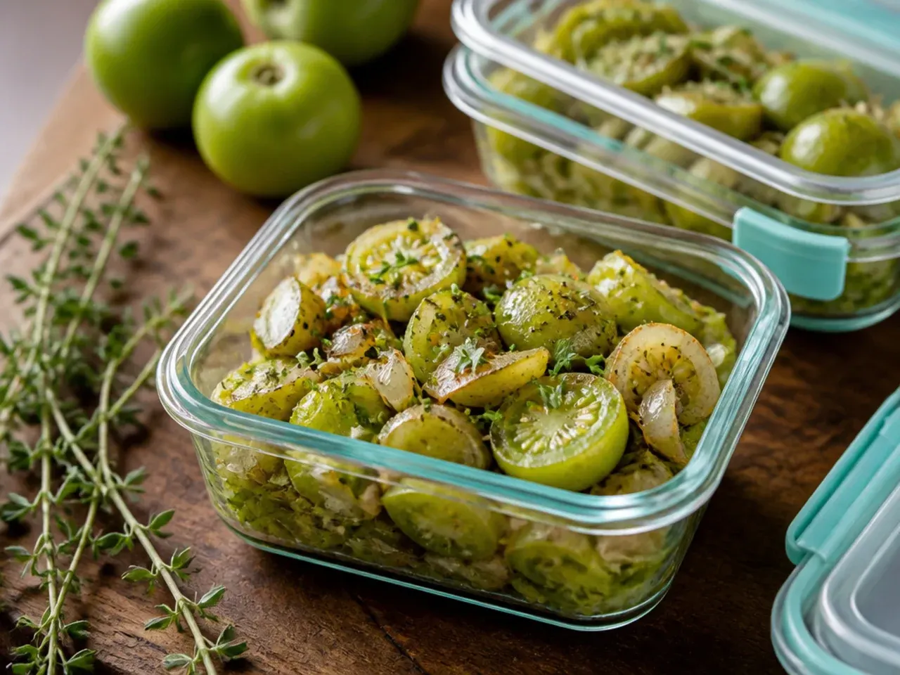Airtight containers of leftover green tomato dishes in the fridge