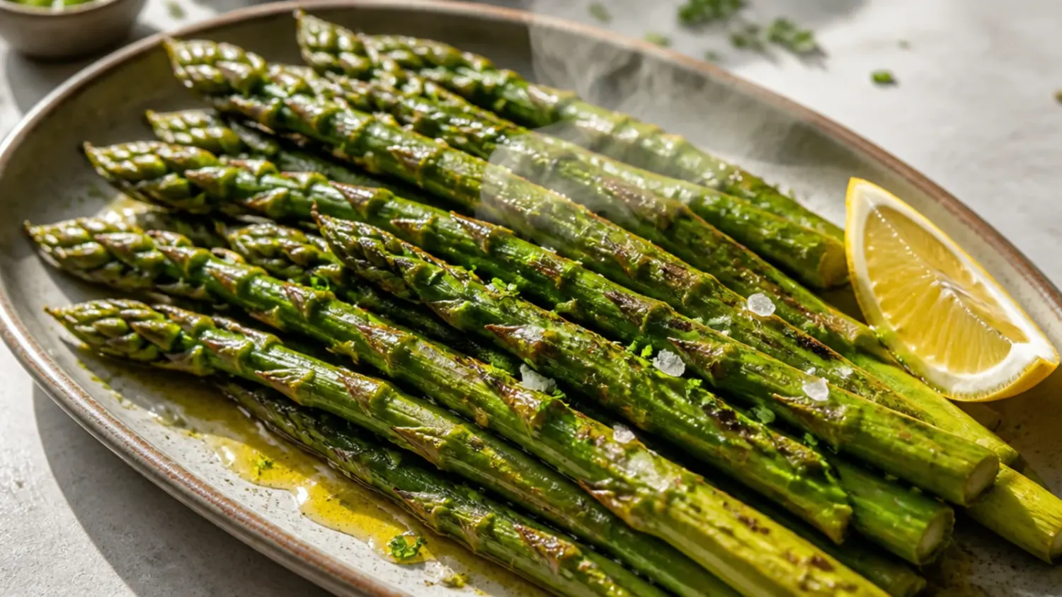 Bundles of charred grilled asparagus spears on a wooden board, drizzled with olive oil and topped with shaved parmesan and lemon wedges