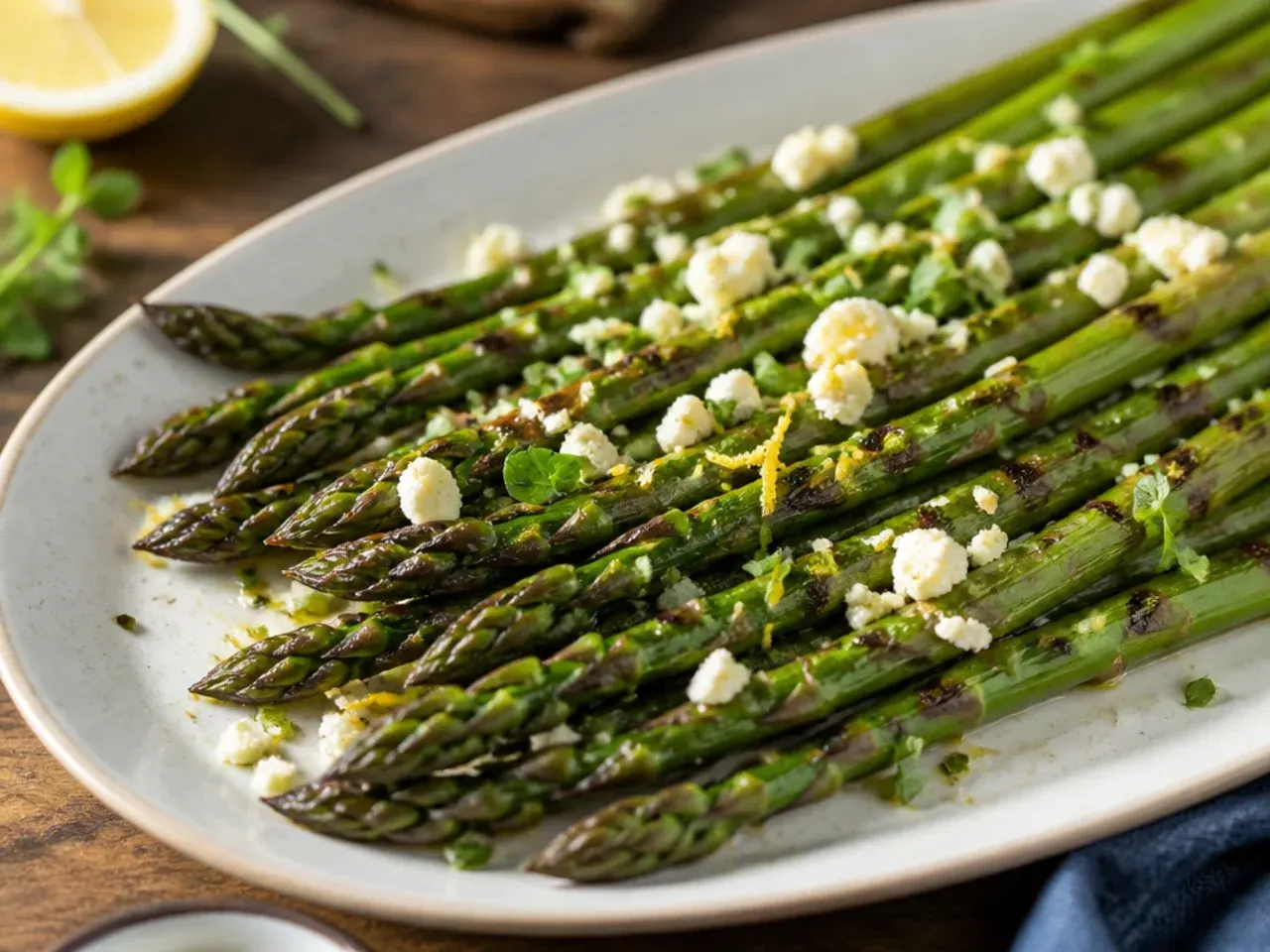 Overhead shot of twenty small plates featuring different grilled asparagus recipe variations