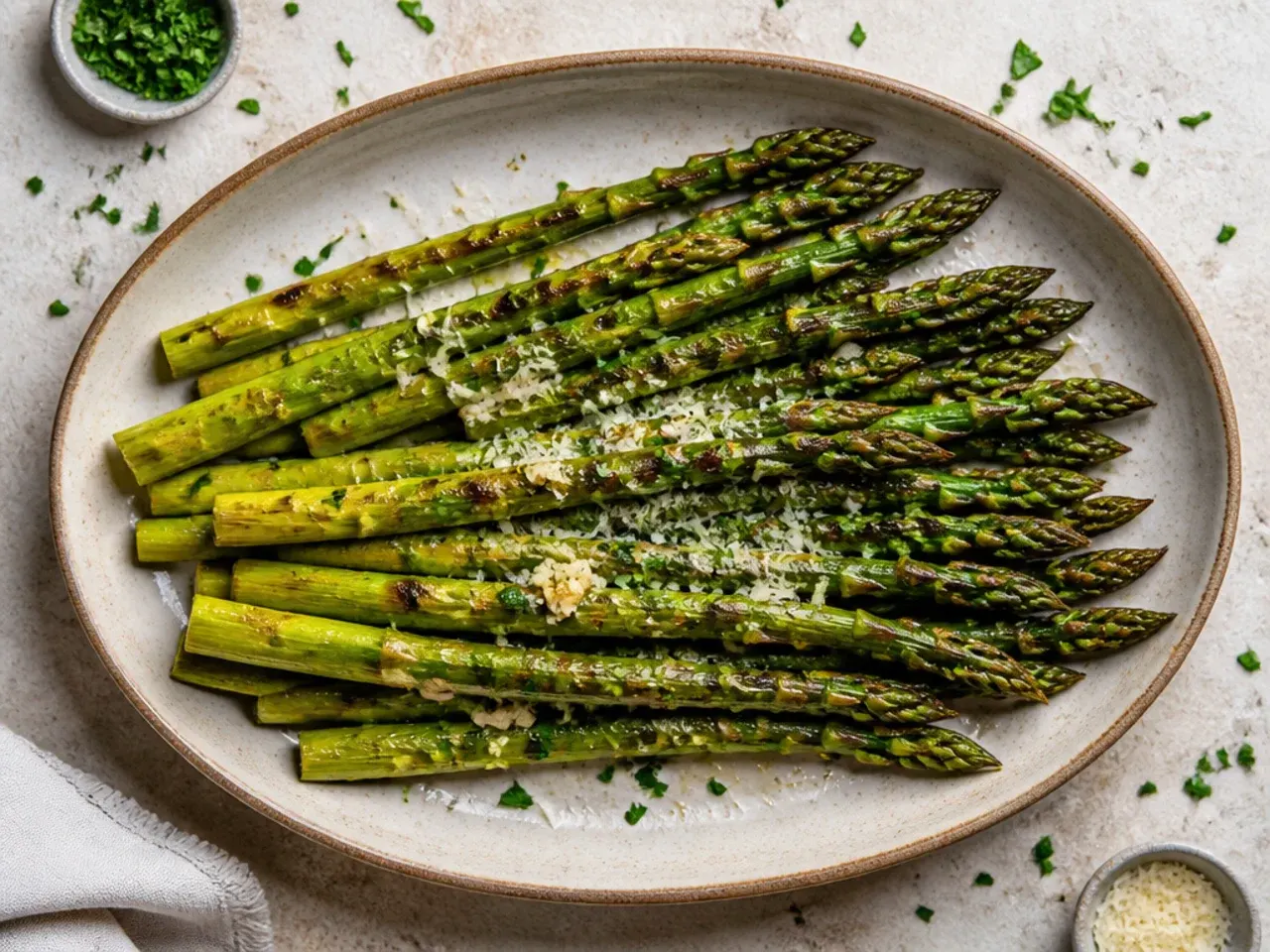 Grilled asparagus spears with visible char marks, brushed with melted garlic butter