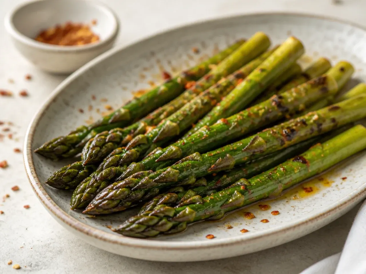A simple pile of grilled asparagus spears seasoned only with olive oil and flaky sea salt