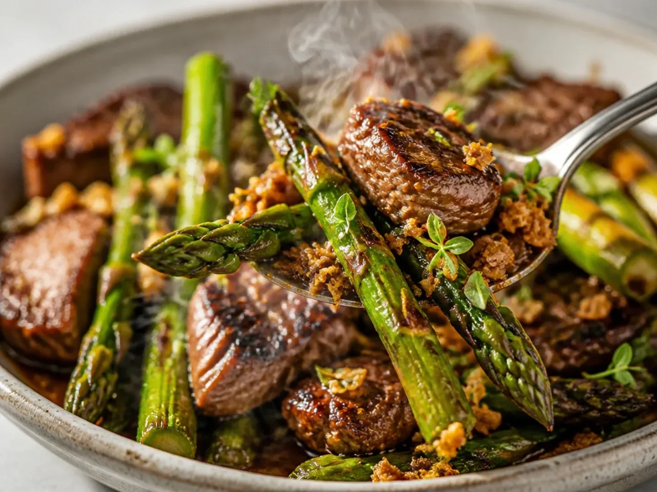Skewers alternating grilled asparagus pieces and seared steak cubes over open flames