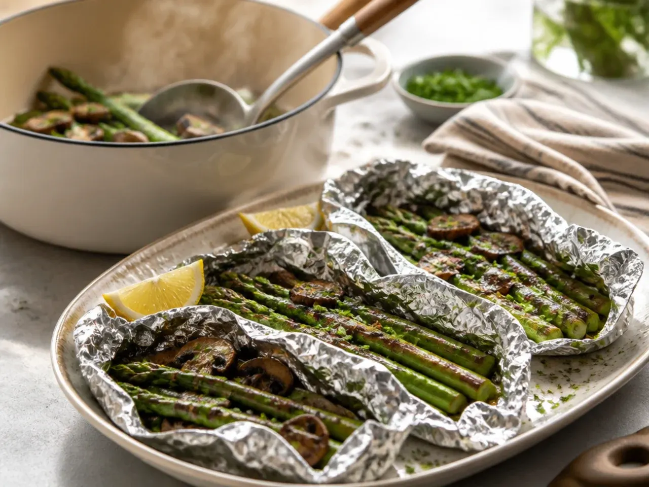 An open foil packet showing grilled asparagus and mushrooms in a buttery sauce