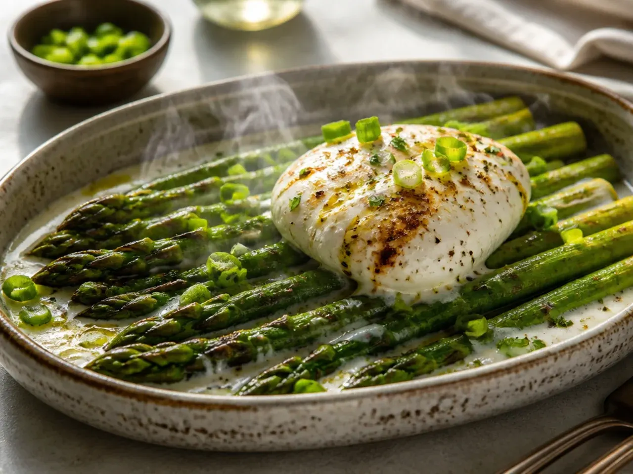 Grilled asparagus spears fanned over a torn ball of creamy burrata cheese
