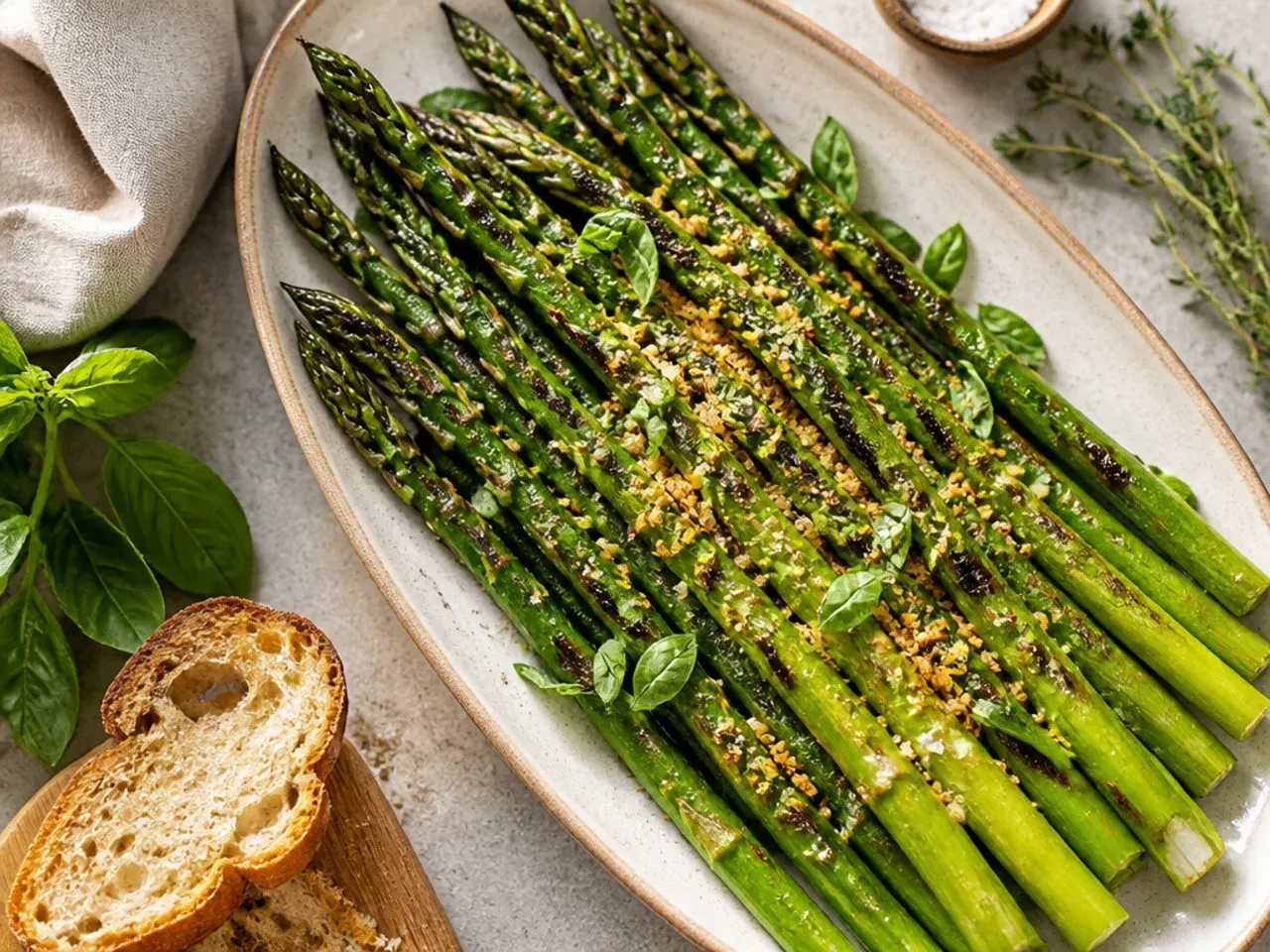 Minimalist plate of grilled asparagus with sea salt flakes and a lemon wedge